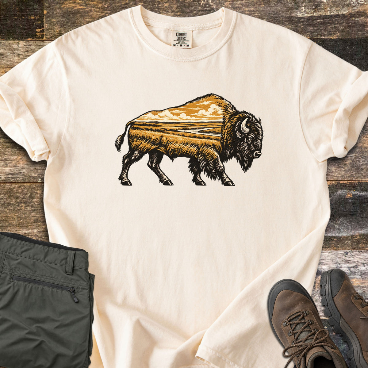Prairie Bison Comfort Colors T-shirt in Ivory, laid flat. A walking bison in black woodcut-style linework, its body filled with a golden prairie scene of grassland, a winding river and clouds. Folded olive cargo pants and brown hiking boots sit on weathered wood.