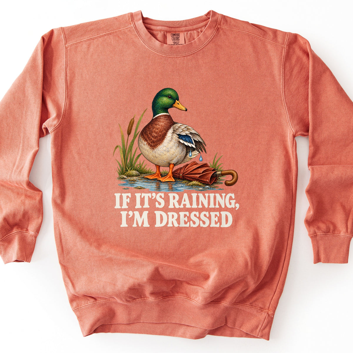 If It's Raining, I'm Dressed Comfort Colors crewneck sweatshirt in Terracotta, laid flat. A mallard duck with water dripping from its wing stands in a puddle by cattails beside a closed red umbrella, above the words If It's Raining, I'm Dressed in cream. Shown on a white background.