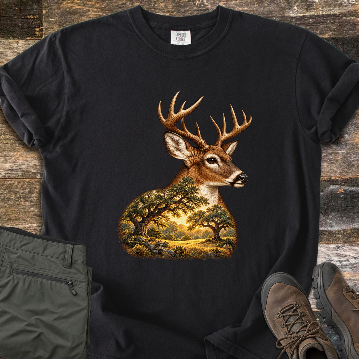 Whitetail Oak Grove Comfort Colors T-shirt in Black, laid flat. A whitetail buck with branching antlers, its neck and chest filled with a sunlit grove of oak trees and grassy meadow. The shirt lies on weathered wood planks beside folded olive pants and brown hiking boots.