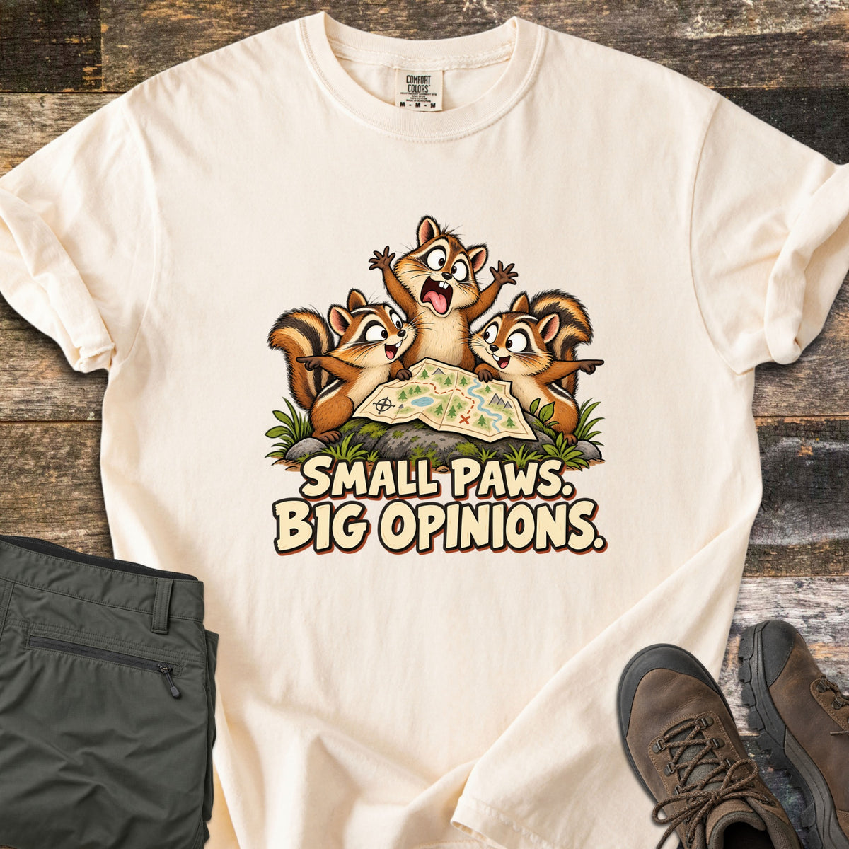 Small Paws. Big Opinions. Comfort Colors T-shirt in Ivory, laid flat. Three cartoon chipmunks bicker over a trail map on a mossy rock, two pointing different ways, above the words SMALL PAWS. BIG OPINIONS. Folded olive pants and brown hiking boots lie beside it on rustic wood.