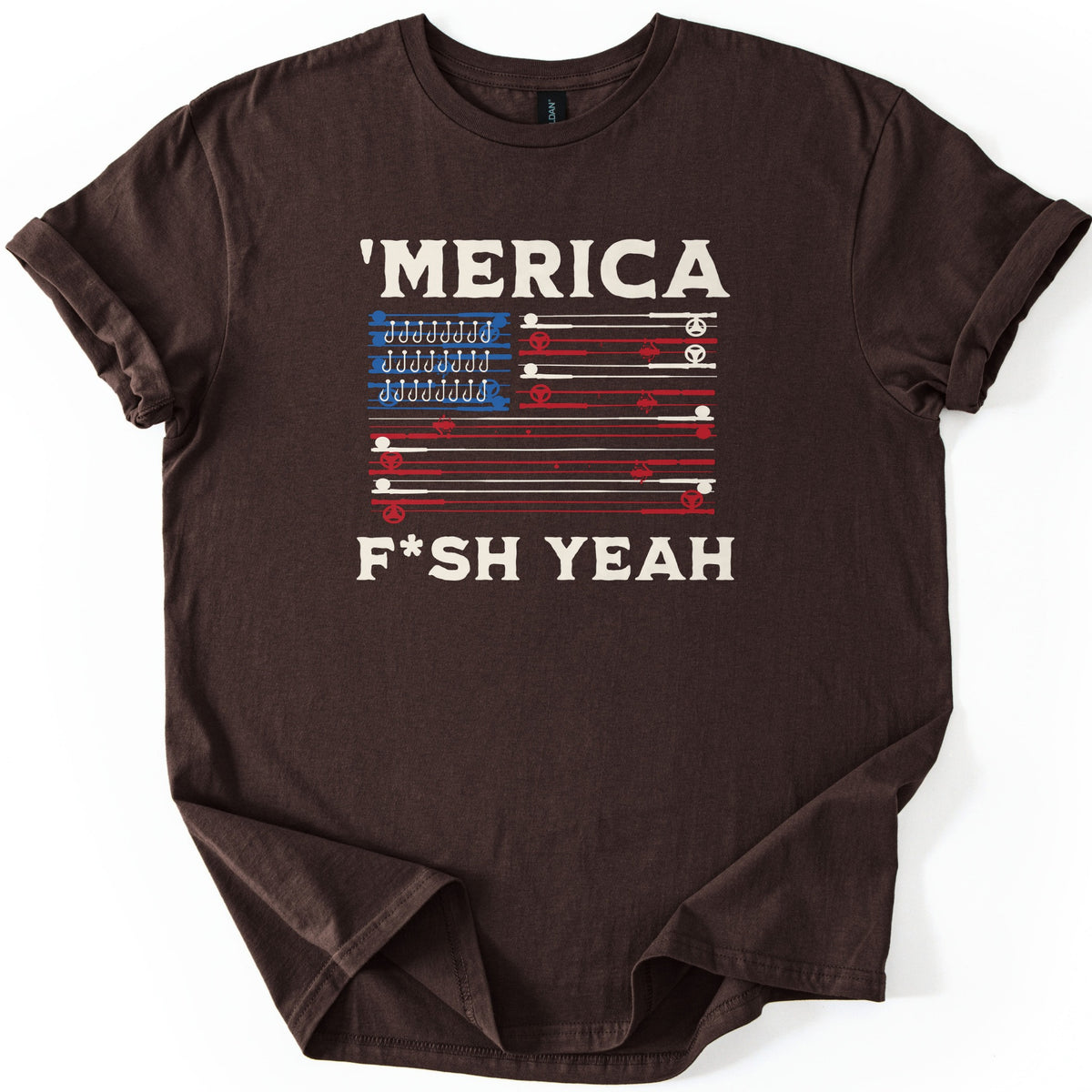 Fish America Fish Yeah Comfort Colors T-shirt in Dark Chocolate, laid flat. An American flag built from red and cream fishing rods and reels, with hooks in rows on its blue corner, between 'MERICA and F*SH YEAH in cream letters. Cuffed sleeves on a white background.