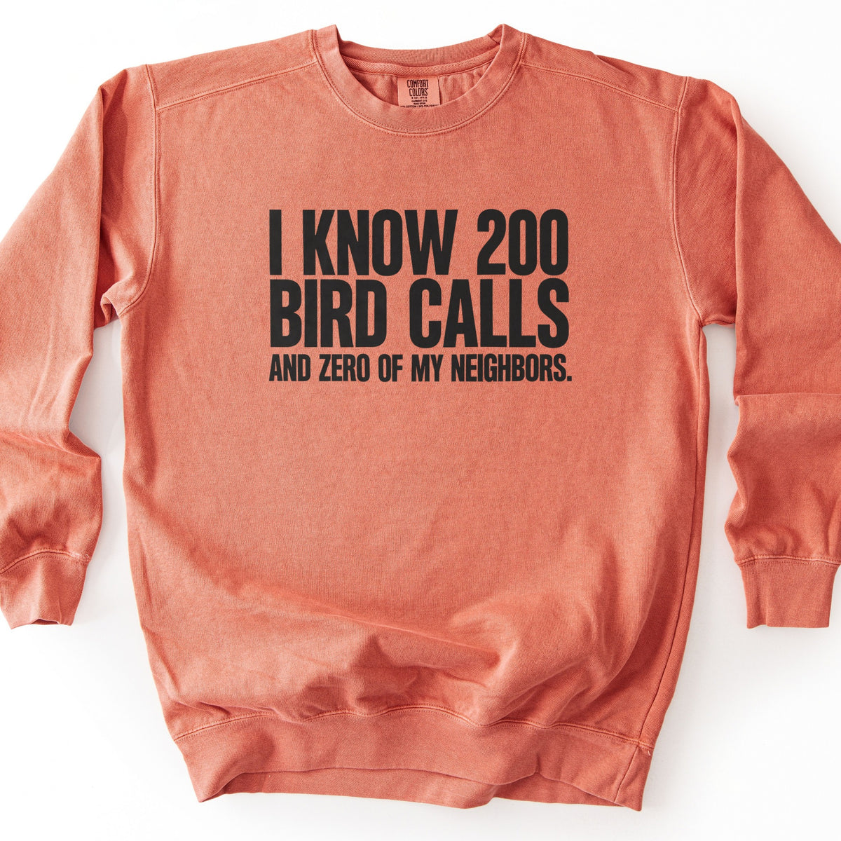I Know 200 Bird Calls and Zero of My Neighbors Comfort Colors crewneck sweatshirt in Terracotta, laid flat. Bold black capital letters across the chest read I Know 200 Bird Calls, with And Zero of My Neighbors. in smaller letters below. The sweatshirt lies on a plain white background.