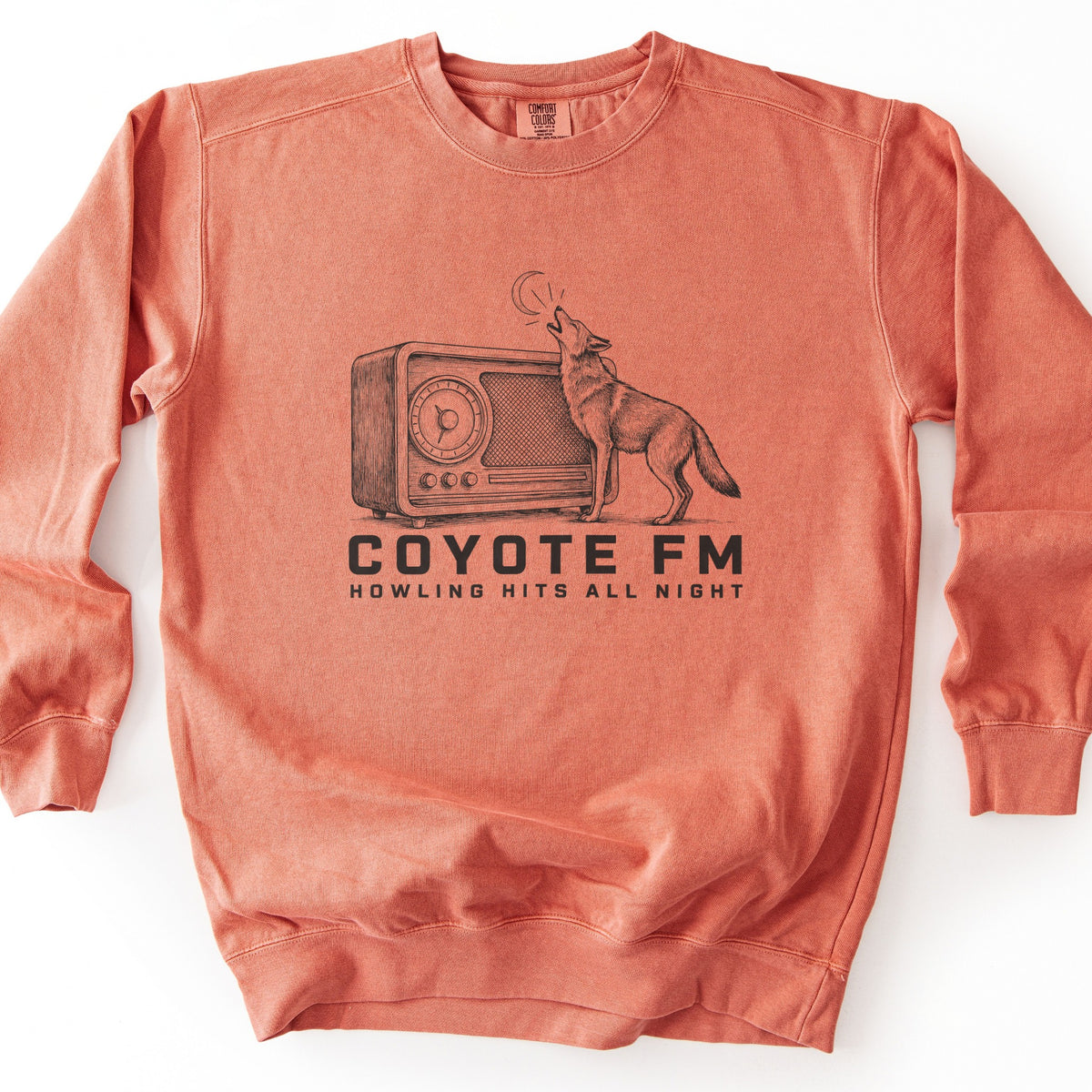 Coyote FM Comfort Colors crewneck sweatshirt in Terracotta, laid flat. A black sketch of a coyote howling at a crescent moon beside a vintage tabletop radio, above the words Coyote FM, Howling Hits All Night. The sweatshirt lies on a white background.