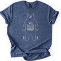 Will Hug For Vittles Bear Comfort Colors T-shirt in Heather Navy, laid flat. A cream line drawing of a standing bear with the words WILL HUG FOR Vittles on its belly and a small pine tree at each foot. The shirt has rolled sleeves and lies on a white background.