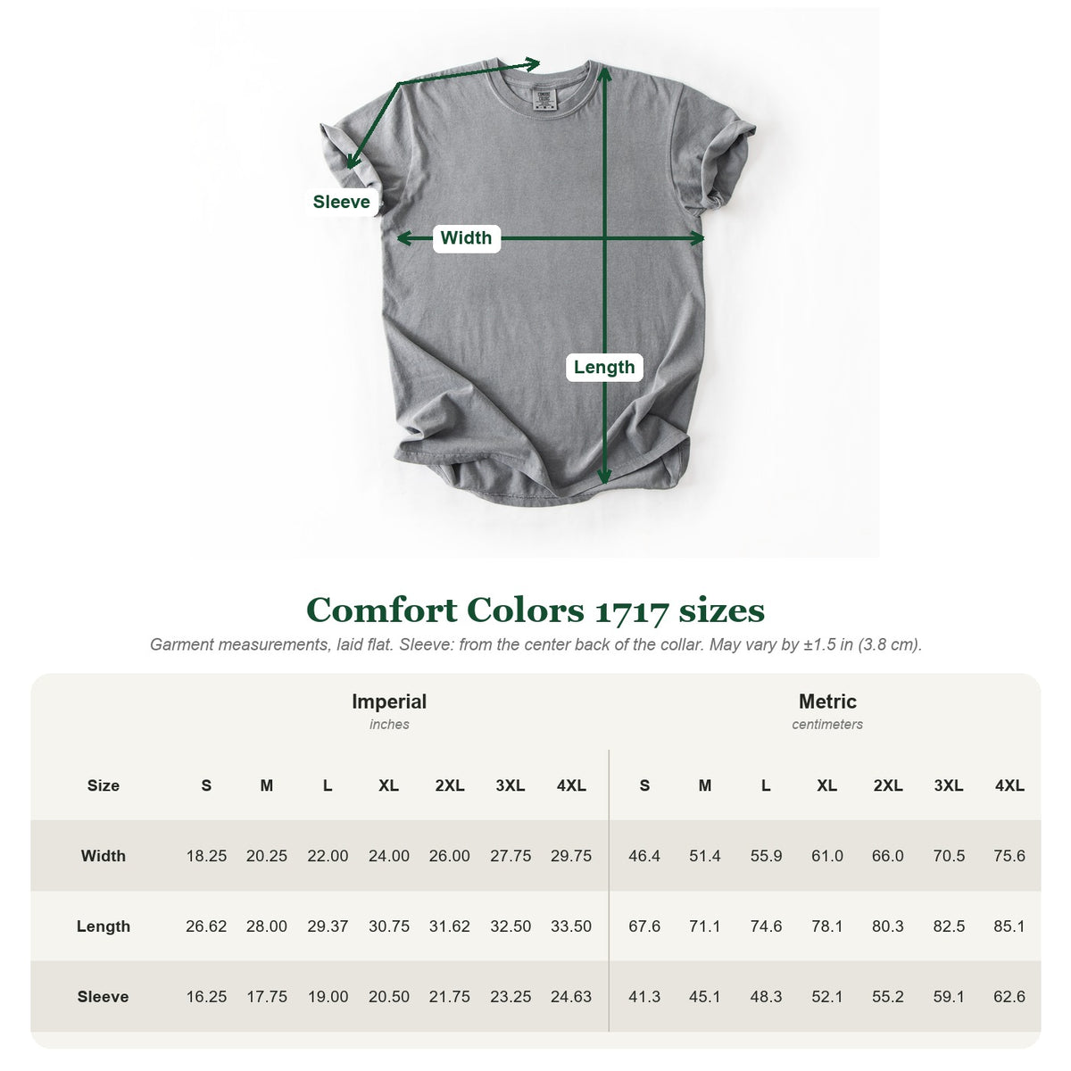 Comfort Colors 1717 t-shirt size chart with laid-flat width, length and sleeve measurements in inches and centimeters