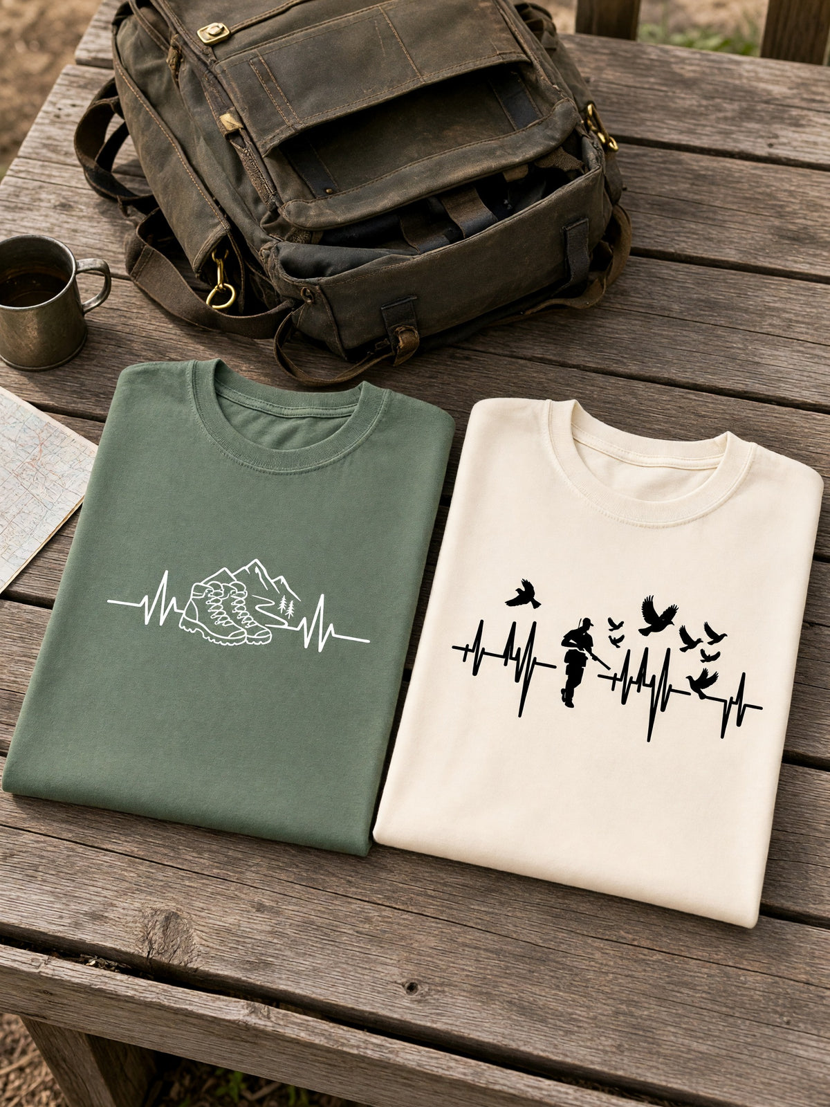 Two folded Comfort Colors t-shirts in front of an open canvas pack on a porch table: a hiking boot heartbeat on moss and a bird hunter heartbeat on ivory