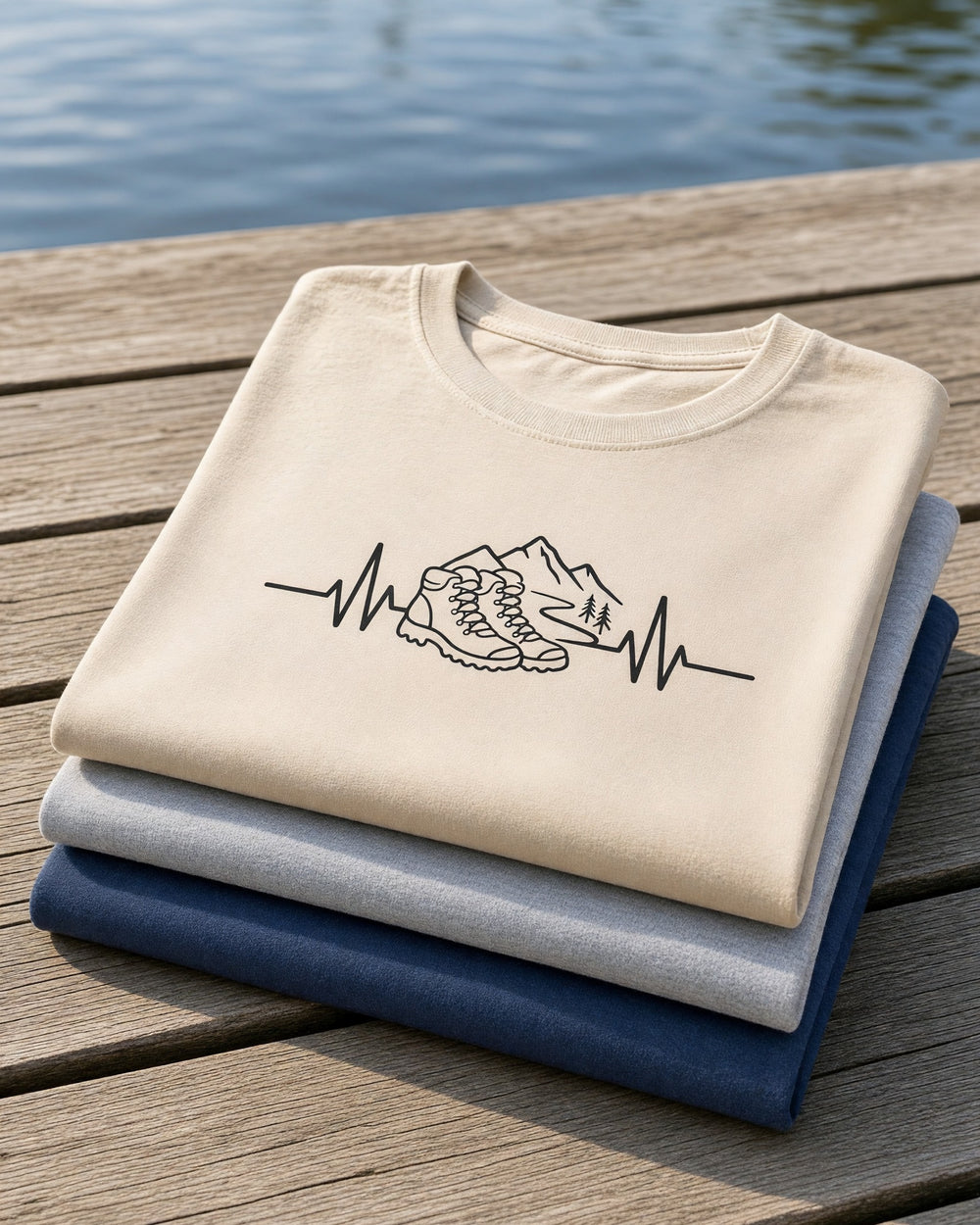 A stack of folded lightweight tees on a lake dock, a hiking boot heartbeat on sand on top of sport grey and heather navy