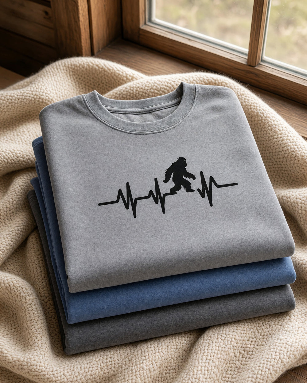 A stack of folded Comfort Colors sweatshirts on a wool blanket by a cabin window, a Bigfoot heartbeat on grey on top of blue jean and pepper