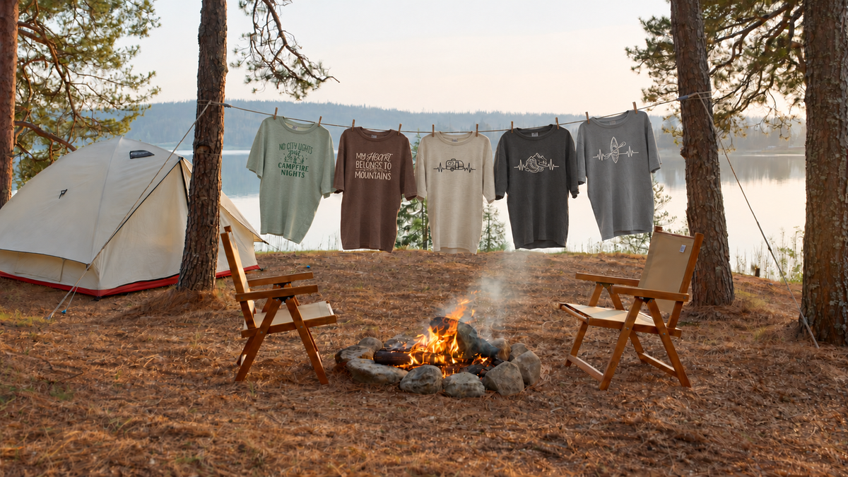 A lakeside campsite at golden hour with a tent, two camp chairs around a fire and t-shirts on a line