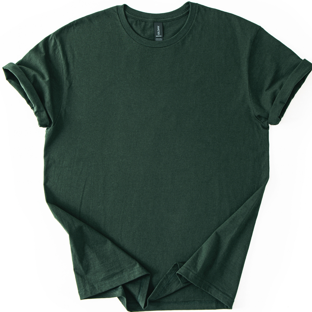 Forest Green Gildan Softstyle 64000 tee showing its fabric, collar and garment label
